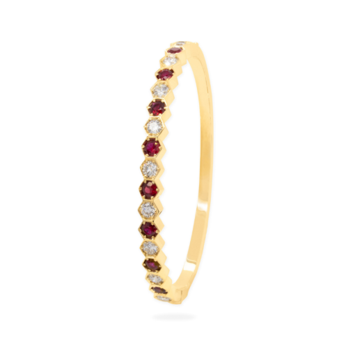 Honeycomb Ruby and Diamond Bangle Yellow Gold